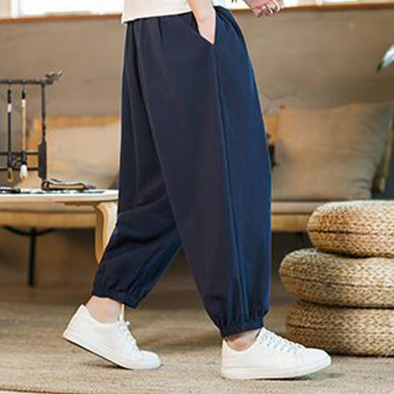 Buddha Stones - einfarbige rote Leinenhose mit Kordelzug und Taschen für Herren - image 37