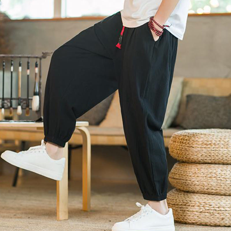 Buddha Stones - einfarbige rote Leinenhose mit Kordelzug und Taschen für Herren - image 15