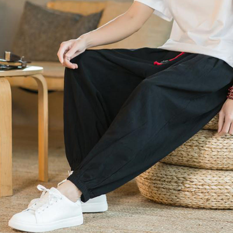 Buddha Stones - einfarbige rote Leinenhose mit Kordelzug und Taschen für Herren - image 21