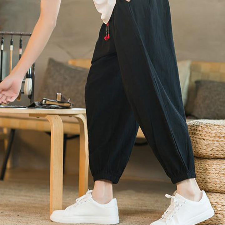 Buddha Stones - einfarbige rote Leinenhose mit Kordelzug und Taschen für Herren - image 16