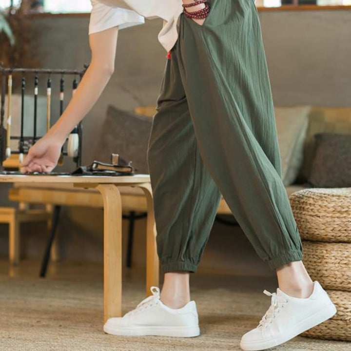 Buddha Stones - einfarbige rote Leinenhose mit Kordelzug und Taschen für Herren - image 9