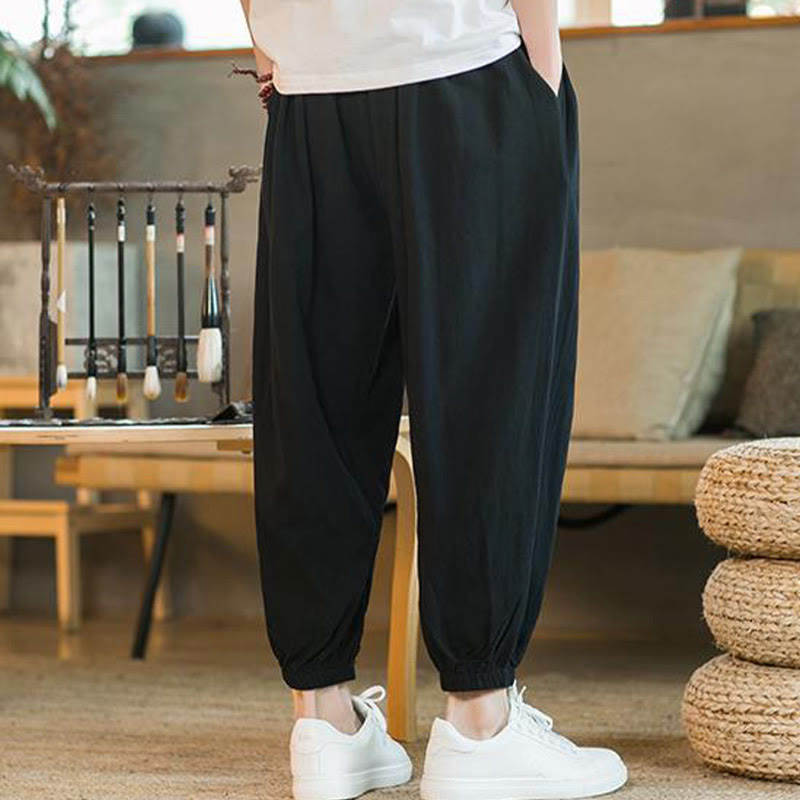 Buddha Stones - einfarbige rote Leinenhose mit Kordelzug und Taschen für Herren - image 20