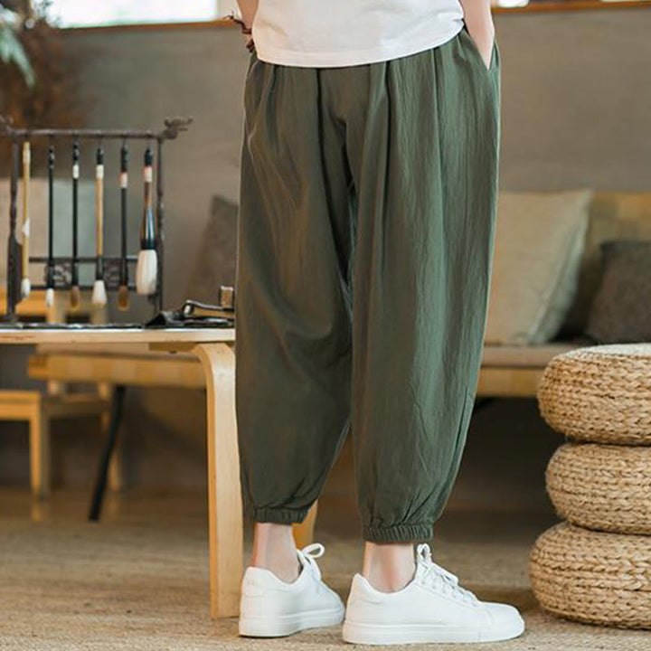 Buddha Stones - einfarbige rote Leinenhose mit Kordelzug und Taschen für Herren - image 5