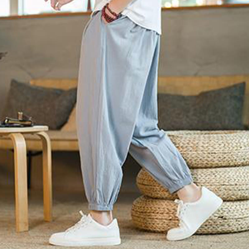 Buddha Stones - einfarbige rote Leinenhose mit Kordelzug und Taschen für Herren - image 27