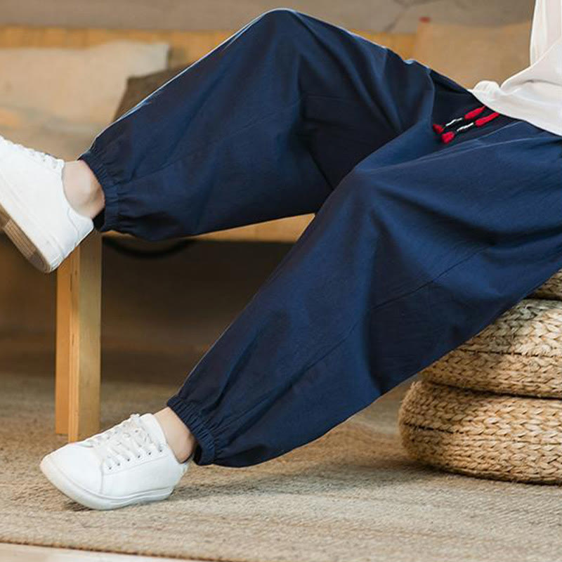 Buddha Stones - einfarbige rote Leinenhose mit Kordelzug und Taschen für Herren - image 36