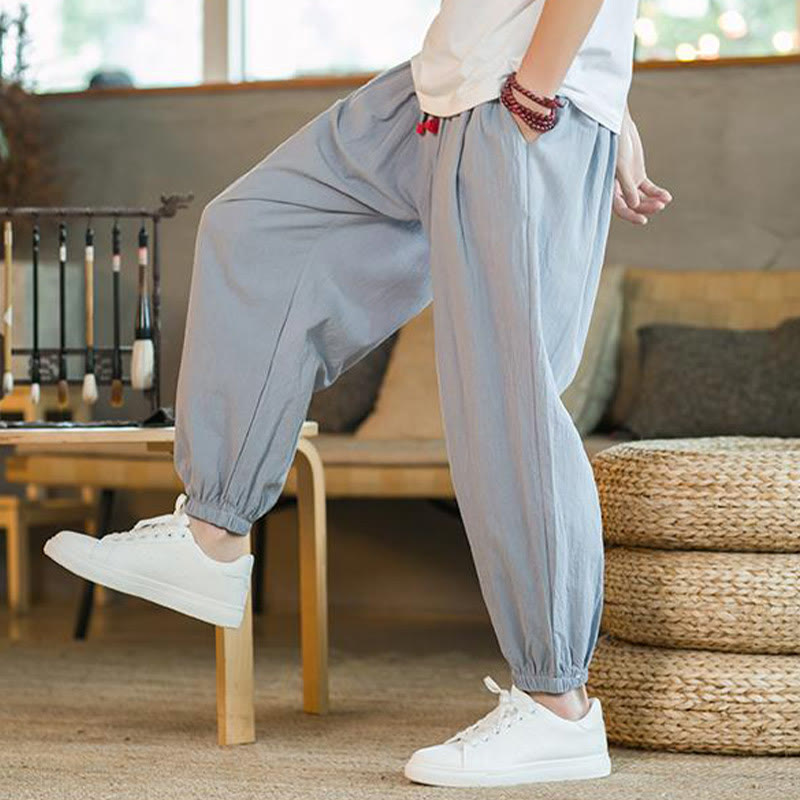 Buddha Stones - einfarbige rote Leinenhose mit Kordelzug und Taschen für Herren - image 25