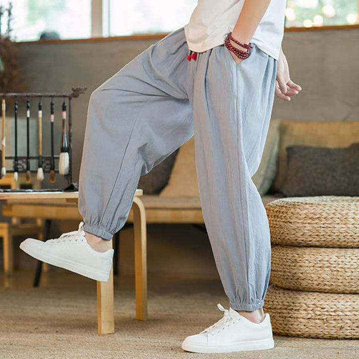 Buddha Stones - einfarbige rote Leinenhose mit Kordelzug und Taschen für Herren - image 25