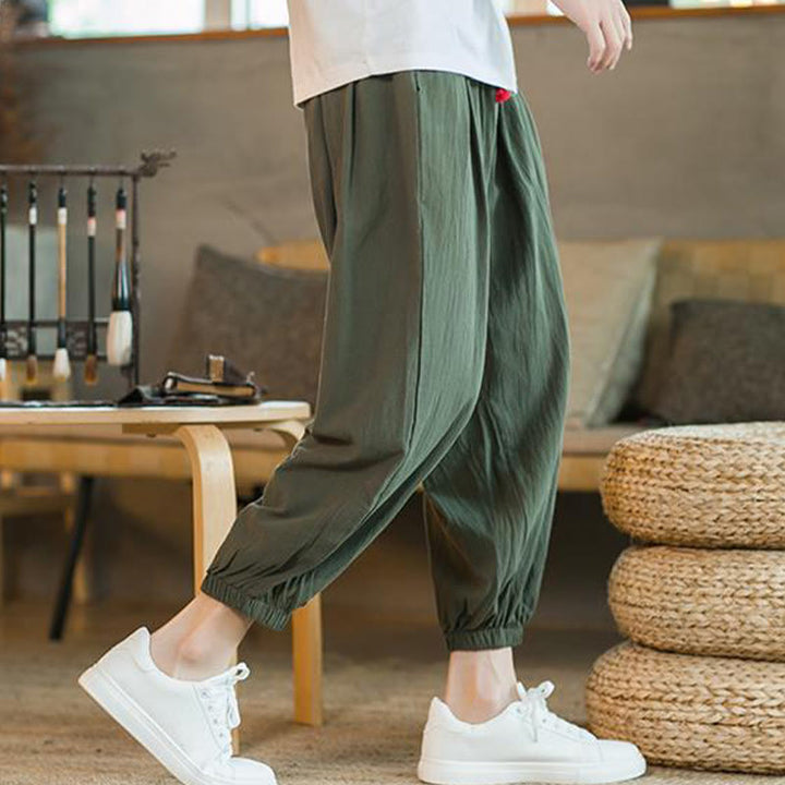 Buddha Stones - einfarbige rote Leinenhose mit Kordelzug und Taschen für Herren - image 7