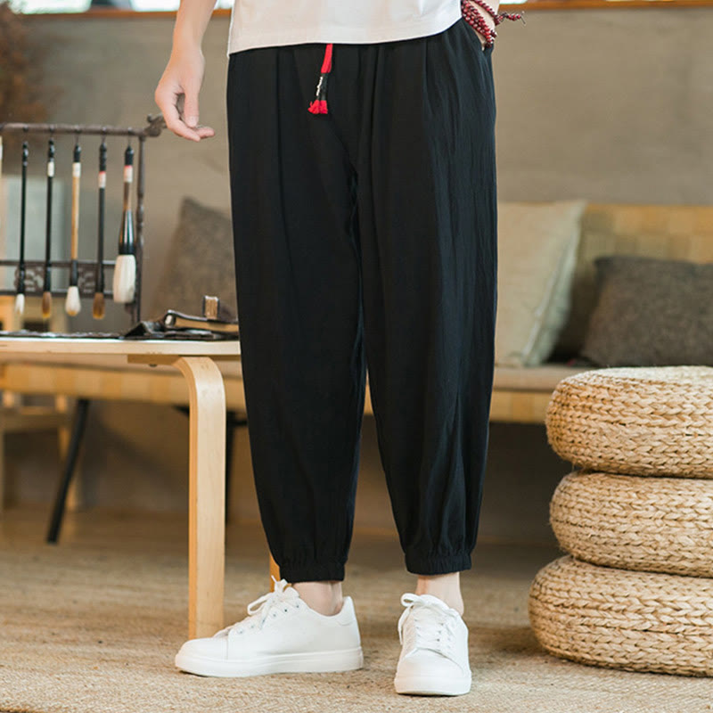 Buddha Stones - einfarbige rote Leinenhose mit Kordelzug und Taschen für Herren - image 14