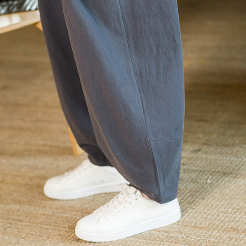 Buddha Stones Einfarbige Haremshose aus Baumwollleinen mit Kordelzug für Herren mit Taschen - image 40