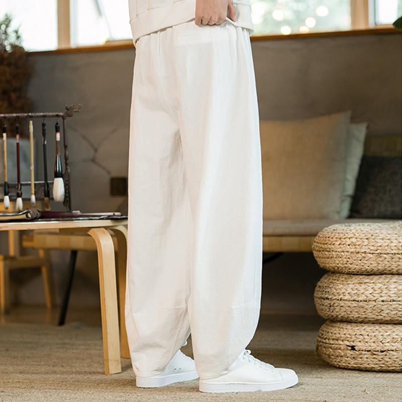 Buddha Stones Einfarbige Haremshose aus Baumwollleinen mit Kordelzug für Herren mit Taschen - image 23