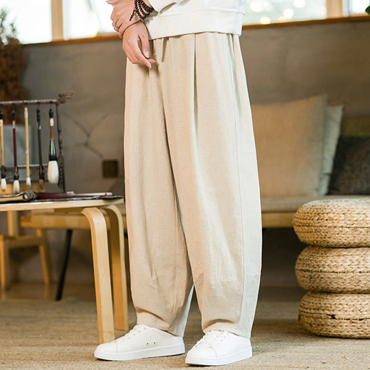 Buddha Stones Einfarbige Haremshose aus Baumwollleinen mit Kordelzug für Herren mit Taschen - image 26