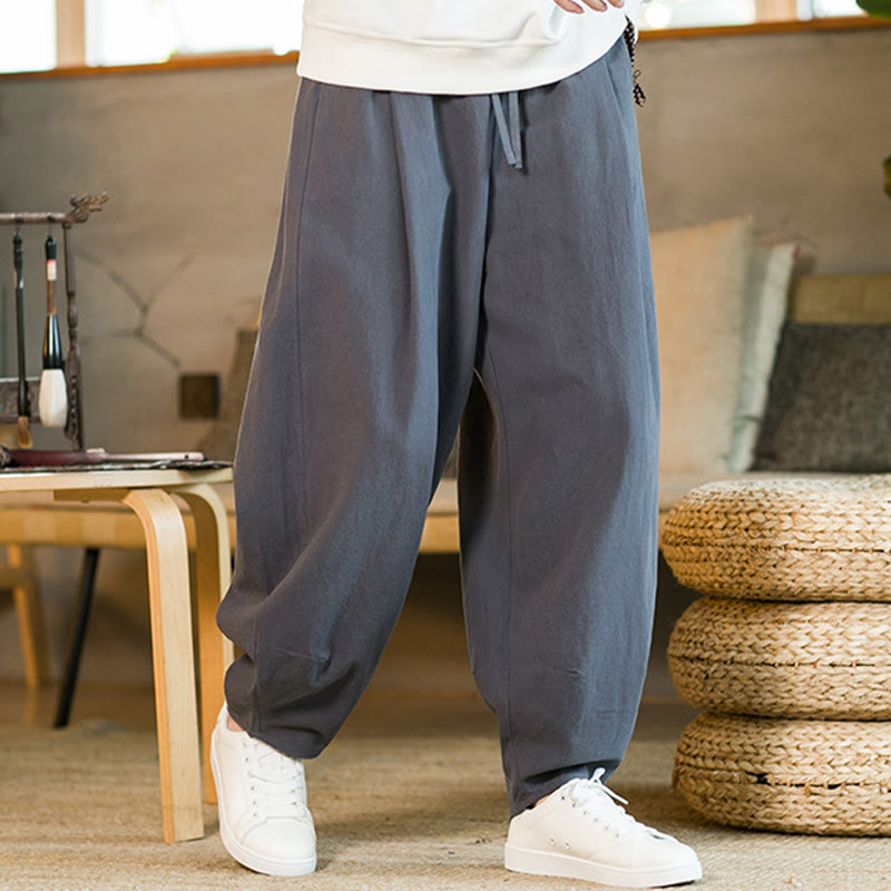 Buddha Stones Einfarbige Haremshose aus Baumwollleinen mit Kordelzug für Herren mit Taschen - image 32