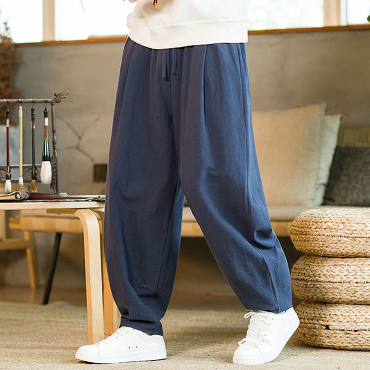 Buddha Stones Einfarbige Haremshose aus Baumwollleinen mit Kordelzug für Herren mit Taschen - image 3