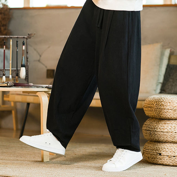 Buddha Stones Einfarbige Haremshose aus Baumwollleinen mit Kordelzug für Herren mit Taschen - image 14