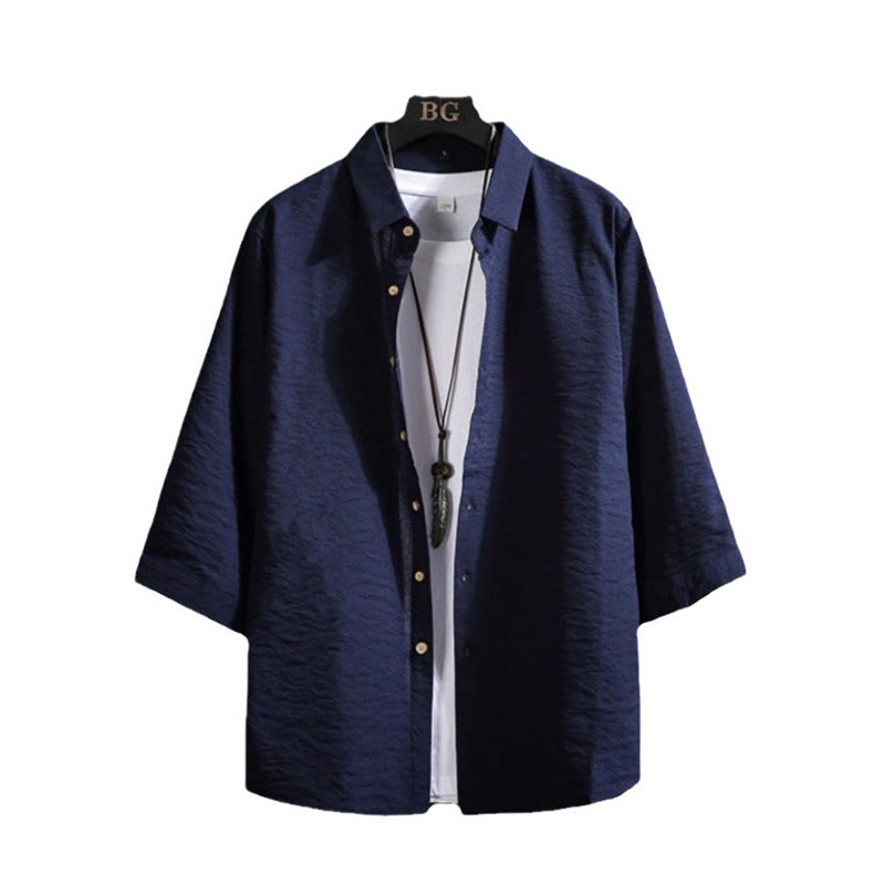 Buddha Stones Lässiges, einfarbiges Herrenhemd mit Dreiviertelärmeln und Knopfleiste vorne - image 18