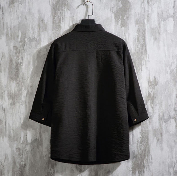 Buddha Stones Lässiges, einfarbiges Herrenhemd mit Dreiviertelärmeln und Knopfleiste vorne - image 13