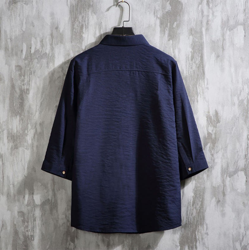 Buddha Stones Lässiges, einfarbiges Herrenhemd mit Dreiviertelärmeln und Knopfleiste vorne - image 17