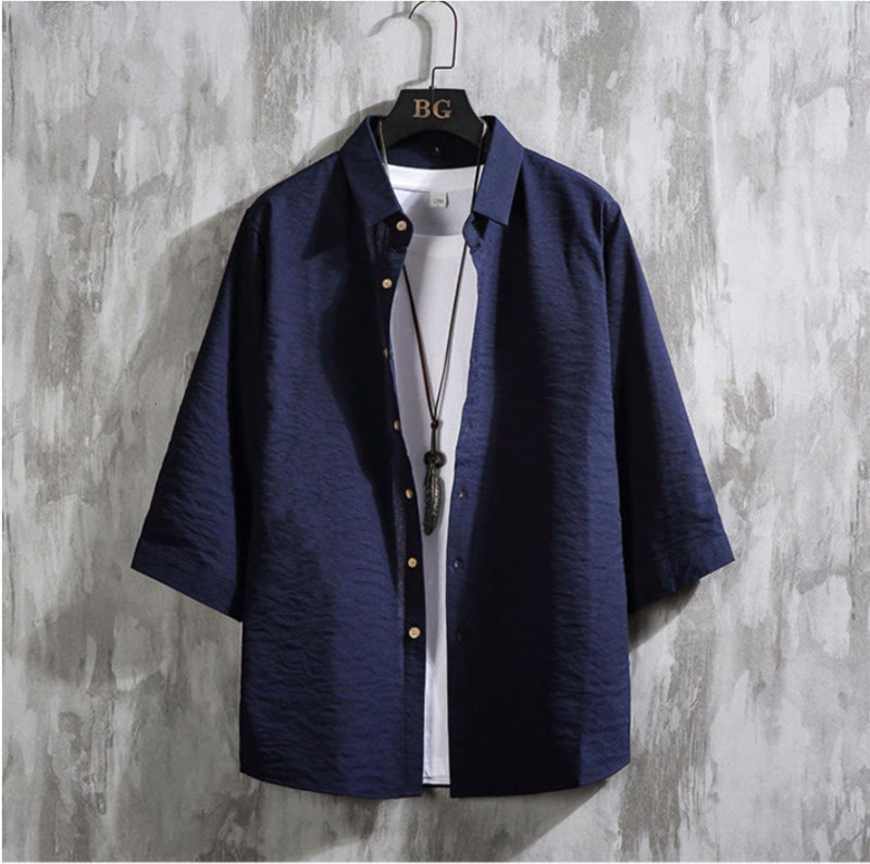 Buddha Stones Lässiges, einfarbiges Herrenhemd mit Dreiviertelärmeln und Knopfleiste vorne - Mitternachtsblau - US/ UK/AU50,EU60 (7XL) - image 16