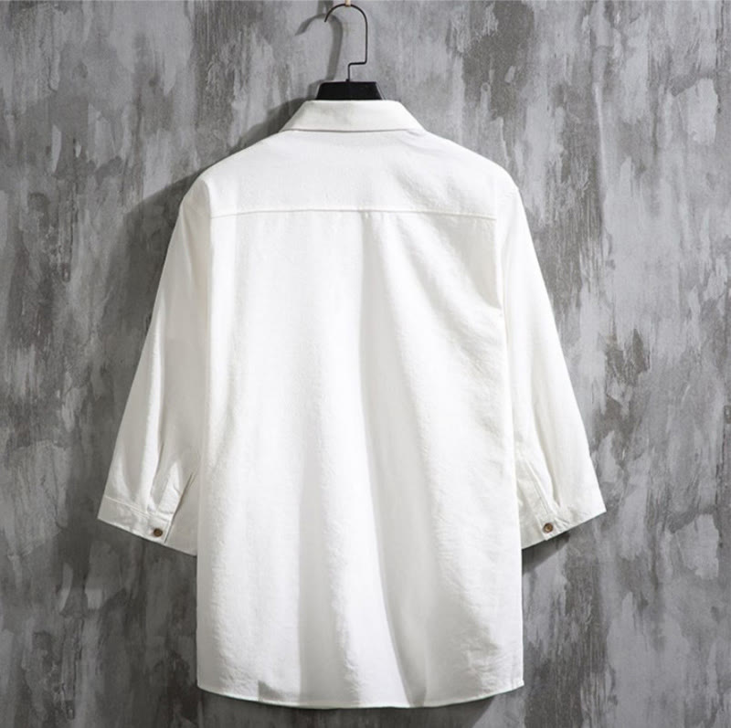 Buddha Stones Lässiges, einfarbiges Herrenhemd mit Dreiviertelärmeln und Knopfleiste vorne - image 1