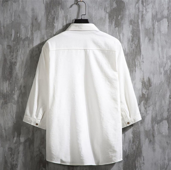 Buddha Stones Lässiges, einfarbiges Herrenhemd mit Dreiviertelärmeln und Knopfleiste vorne - image 1