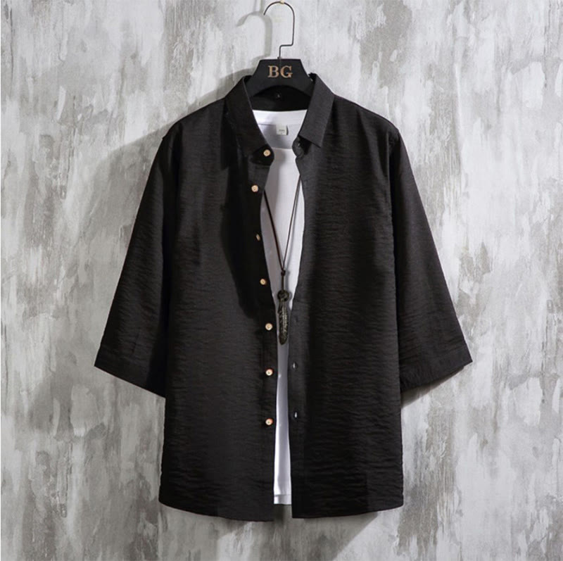 Buddha Stones Lässiges, einfarbiges Herrenhemd mit Dreiviertelärmeln und Knopfleiste vorne - Schwarz - US/ UK/AU50,EU60 (7XL) - image 12