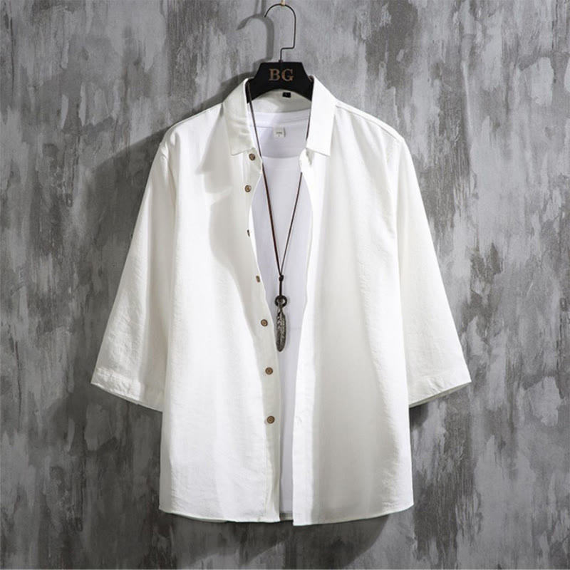 Buddha Stones Lässiges, einfarbiges Herrenhemd mit Dreiviertelärmeln und Knopfleiste vorne - Weiß - US/ UK/AU50,EU60 (7XL) - image 0