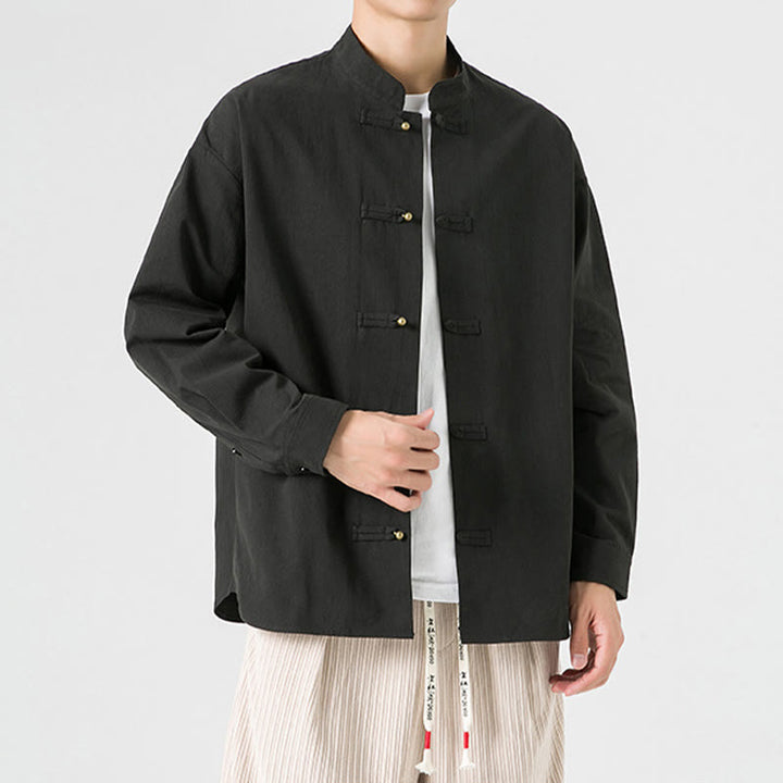 Buddha Stones Einfarbiges Froschknopf-Tang-Anzug-Baumwoll-Herren-Jackenhemd  - image 2