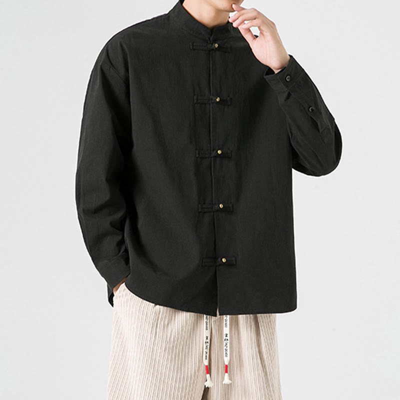 Buddha Stones Einfarbiges Froschknopf-Tang-Anzug-Baumwoll-Herren-Jackenhemd  - image 7