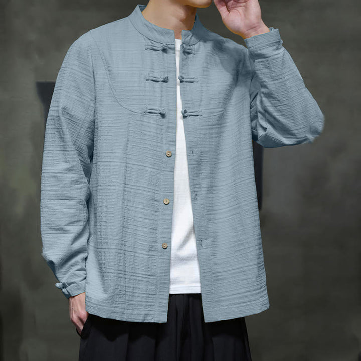 Buddha Stones Einfarbiger Tang-Anzug aus Baumwolle und Leinen mit halbem Froschknopf für Herren  - image 2