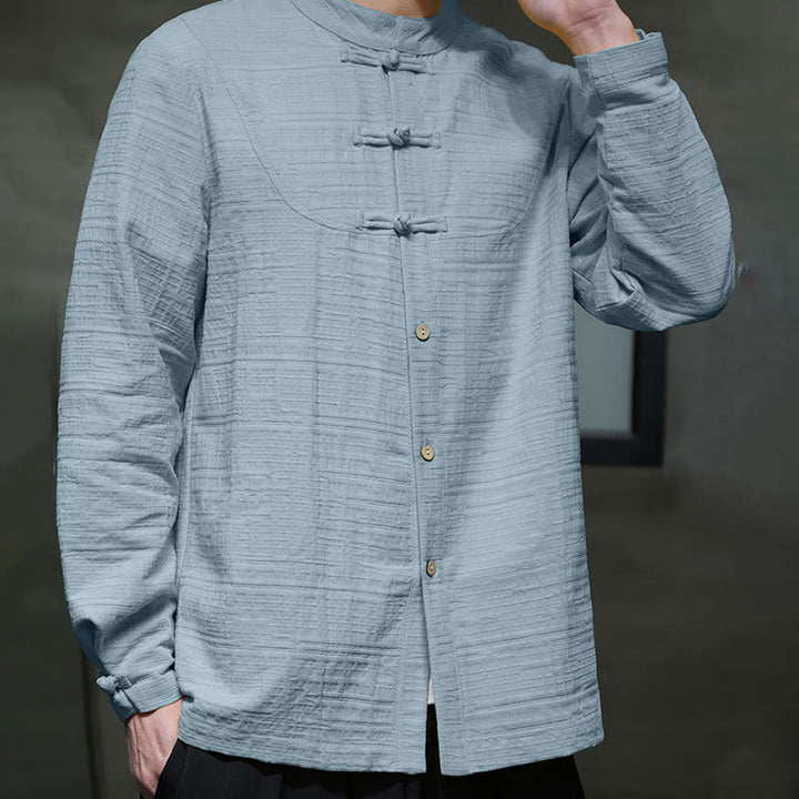 Buddha Stones Einfarbiger Tang-Anzug aus Baumwolle und Leinen mit halbem Froschknopf für Herren  - image 4