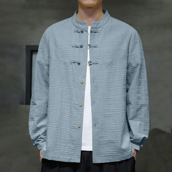 Buddha Stones Einfarbiger Tang-Anzug aus Baumwolle und Leinen mit halbem Froschknopf für Herren  - image 1