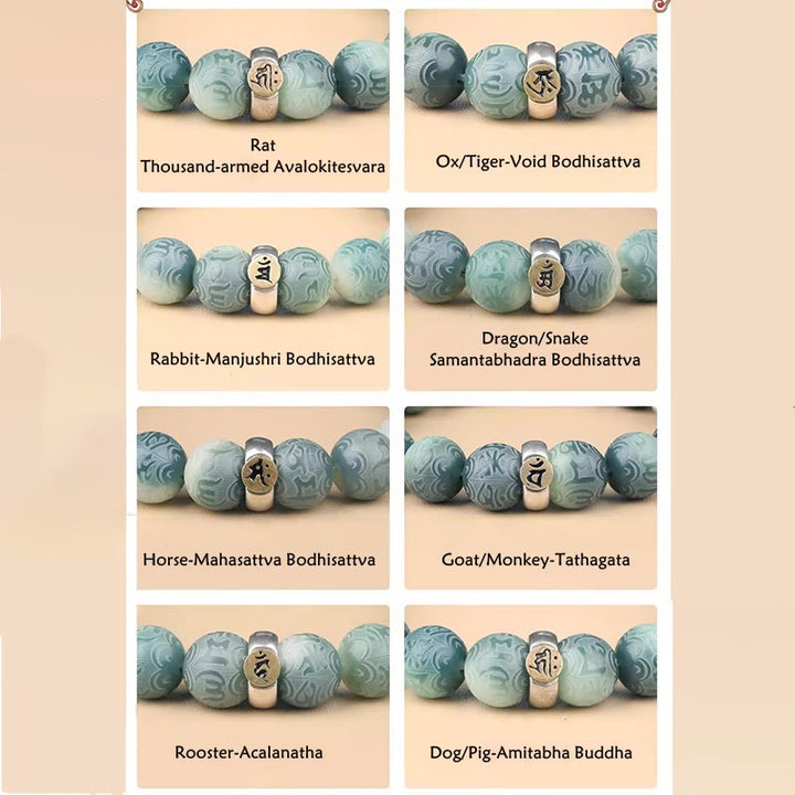Buddha Stones Chinesisches Sternzeichen Natal Buddha Bodhi Samen Om Mani Padme Hum Weisheitsarmband mit Gravur