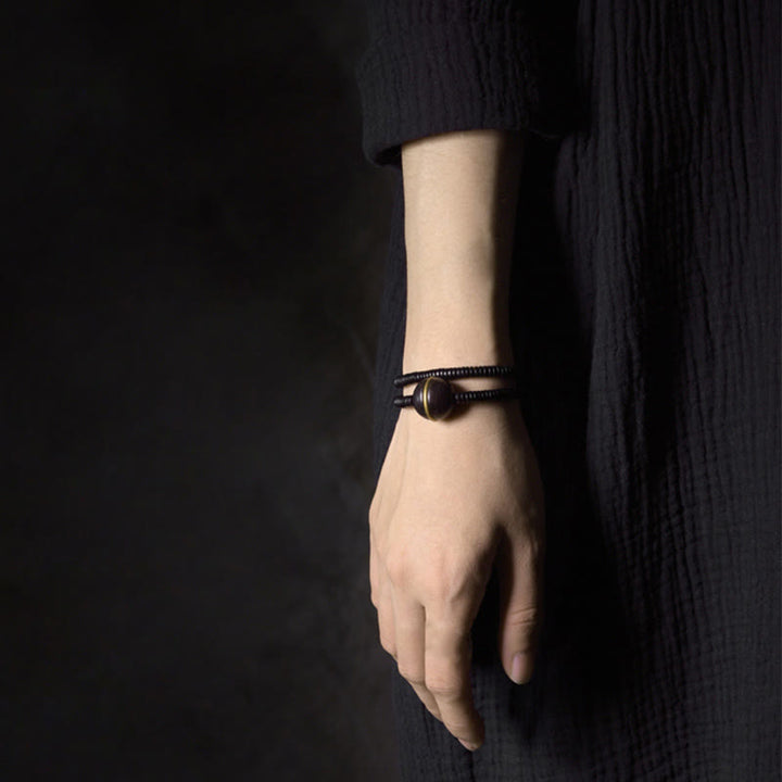 Buddha Stones Ebenholz Holz Kupfer Messing Balance Ball Quader Doppel Wrap Armband Halskette