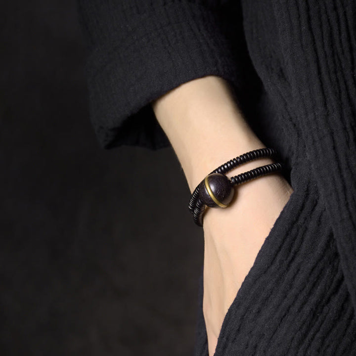 Buddha Stones Ebenholz Holz Kupfer Messing Balance Ball Quader Doppel Wrap Armband Halskette