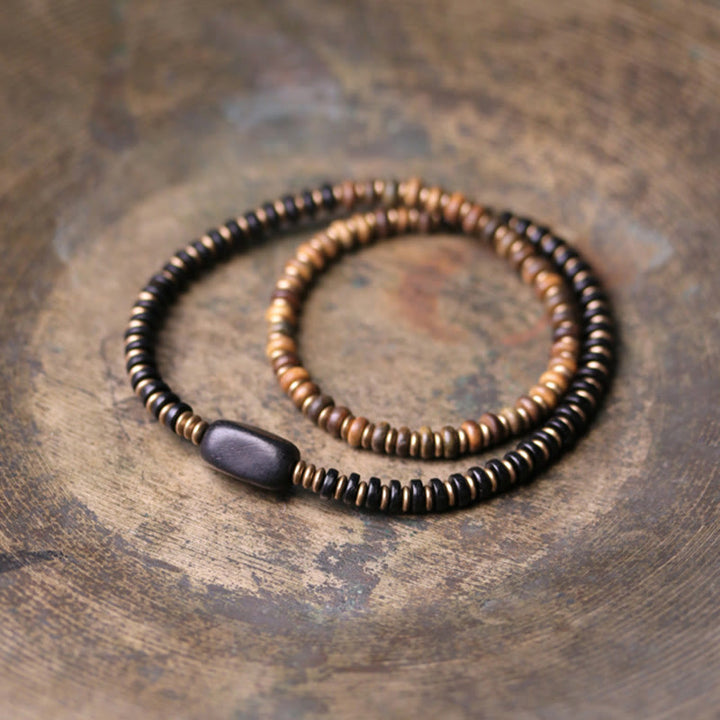 Buddha Stones, Ebenholz, grünes Sandelholz, Kupfer, Messing, ruhiges Doppel-Wickelarmband