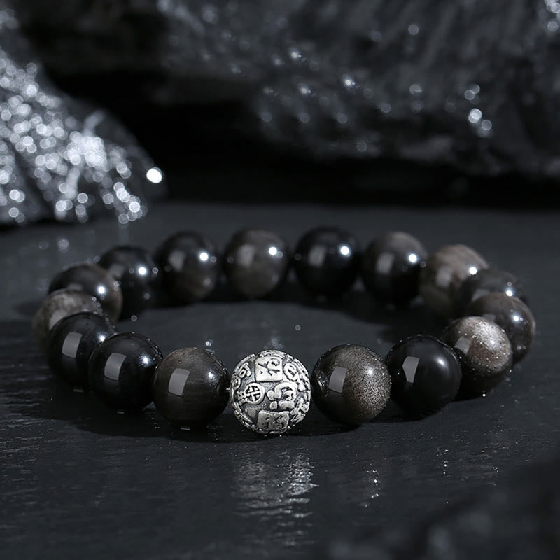 Buddha Stones Schwarzer Obsidian 999 Sterling Silber Reinigung Fu Charakter Transformation Armband - Schwarzer Obsidian, 999 Sterlingsilber (Handgelenkumfang: 14–16,5 cm) - image 0