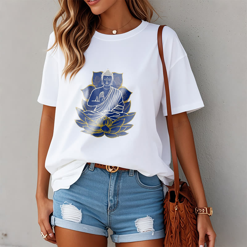 Buddha Stones Buddha sitzt auf dem Lotus Baumwolle T-Shirt - image 3