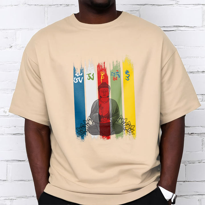Buddha Stones Sechs Wahre Worte 'Om Mani Padme Hum' Buddha sitzend mit Lotus Baumwolle T-Shirt - image 13