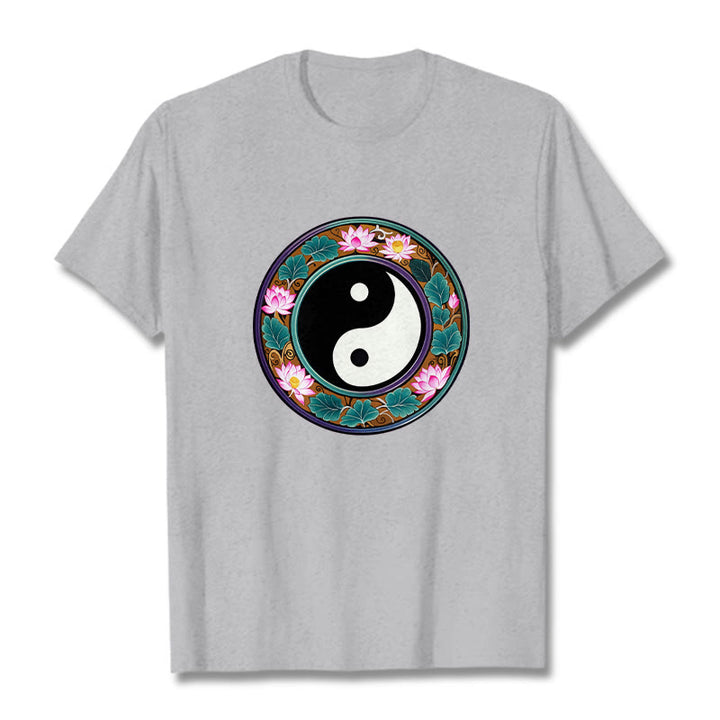 Buddha Stones Yin Yang Lotus Blätter Baumwolle T-shirt - Hellgrau - 2XL - image 13