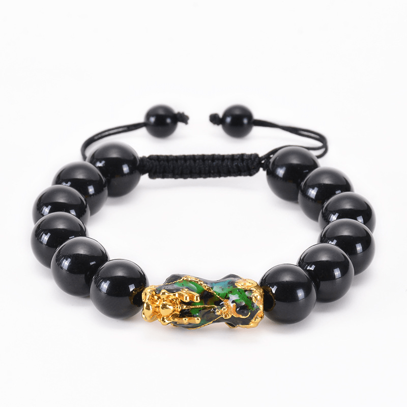 Buddha Stones , schwarzer Obsidian, schwarzer Onyx, Legierung, Pixiu, Om Mani Padme Hum, geflochtenes Armband mit Schnurstärke