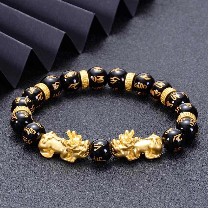 Buddha Stones , schwarzer Obsidian, schwarzer Onyx, goldene Legierung, zwei PiXiu, Om Mani Padme Hum, Stärke-Armband