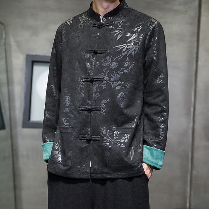 Buddha Stones, chinesische Neujahrskleidung, Blumen, Bambus, einfarbige Manschettenknöpfe, Tang-Anzug, Baumwolle, Herrenjacke, Hemd mit Taschen - Schwarz - US/ UK/AU46,EU56 (5XL) - image 23