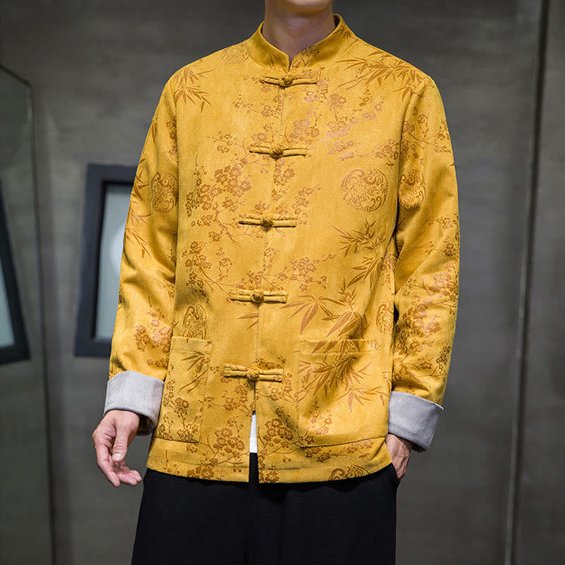 Buddha Stones, chinesische Neujahrskleidung, Blumen, Bambus, einfarbige Manschettenknöpfe, Tang-Anzug, Baumwolle, Herrenjacke, Hemd mit Taschen - Gold - US/ UK/AU46,EU56 (5XL) - image 0