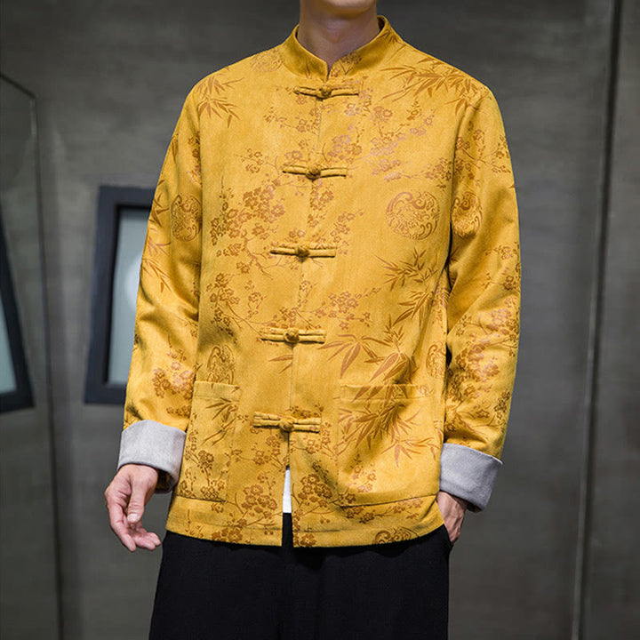 Buddha Stones, chinesische Neujahrskleidung, Blumen, Bambus, einfarbige Manschettenknöpfe, Tang-Anzug, Baumwolle, Herrenjacke, Hemd mit Taschen - Gold - US/ UK/AU46,EU56 (5XL) - image 0