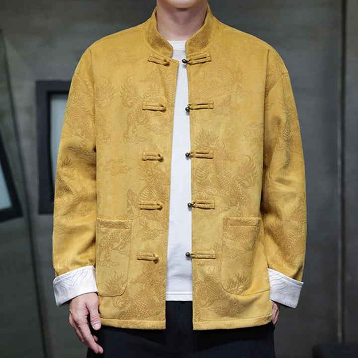 Buddha Stones, chinesisches Neujahr, Kirin-Druck, Froschknopf, Tang-Anzug, Herrenjacke, Hemd mit Taschen - Gelb - US/ UK/AU46,EU56 (5XL) - image 1