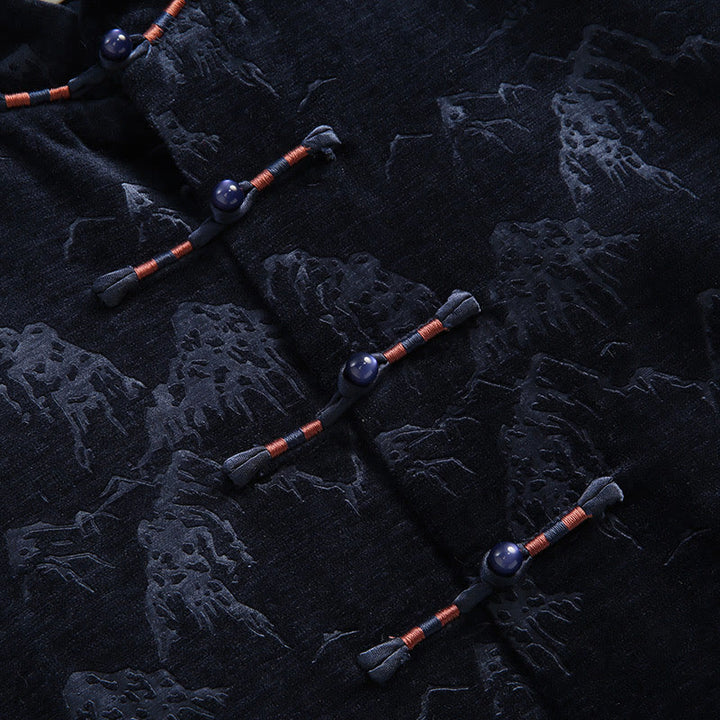 Buddha Stones, chinesisches Neujahrs-Landschaftsdruck, handgefertigt, Froschknopf, Tang-Anzug, Herrenjacke, Hemd mit Taschen