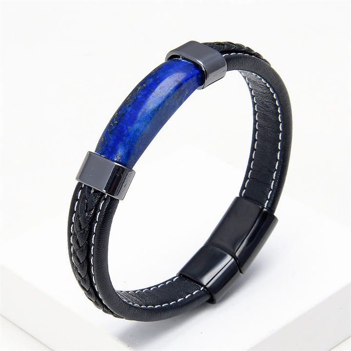 Buddha Stones , Lazurit, Tigerauge, Rhodonit, Hämatit, schwarzer Onyx, Balance-Lederarmband - Lapislazuli - 18-22 cm - image 1
