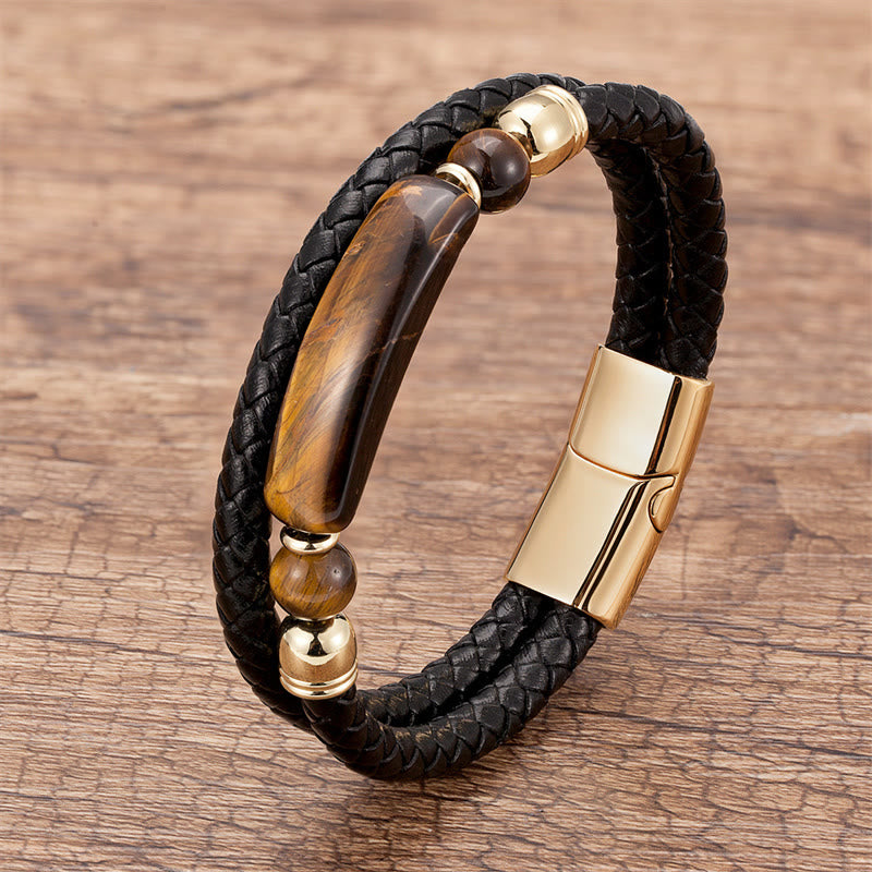 Buddha Stones Grüner Aventurin Tigerauge Grüner Achat Schwarzer Onyx Hämatit Stein Glücksleder Armband mit Magnetschnalle - Gold - Tigerauge - 18-22 cm - image 5