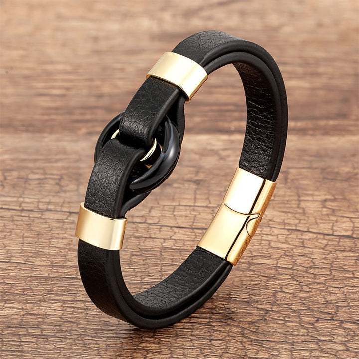 Buddha Stones, rund, grüner Aventurin, schwarzer Onyx, Hämatit, Achat, Rosenquarz, Stein, Balance, Lederarmband mit Magnetschnalle - Schwarzer Onyx-Gold - 18-22 cm - image 4